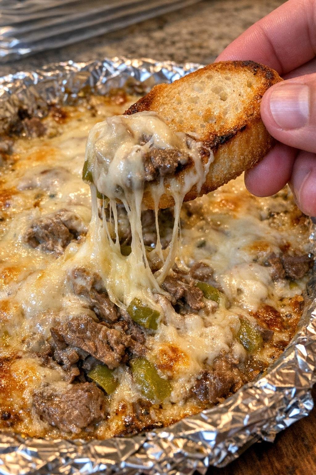 Bubbling baked cheesesteak-style dip with baguette scoop