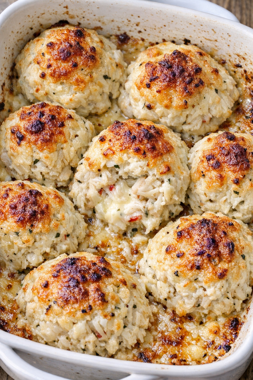Low carb 4-ingredient cream cheese crab bombs baked in a ceramic casserole dish
