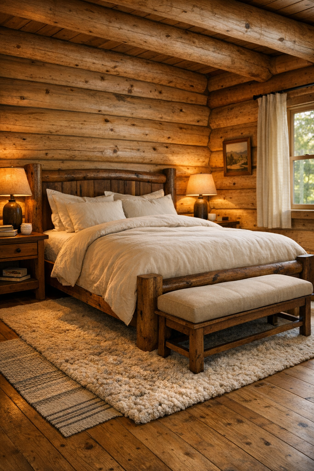 Cozy log home bedroom with a handcrafted wood bed, layered textiles, and soft natural light