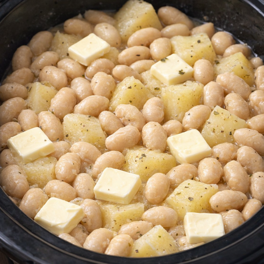 Butter beans and butter added to potatoes in the slow cooker
