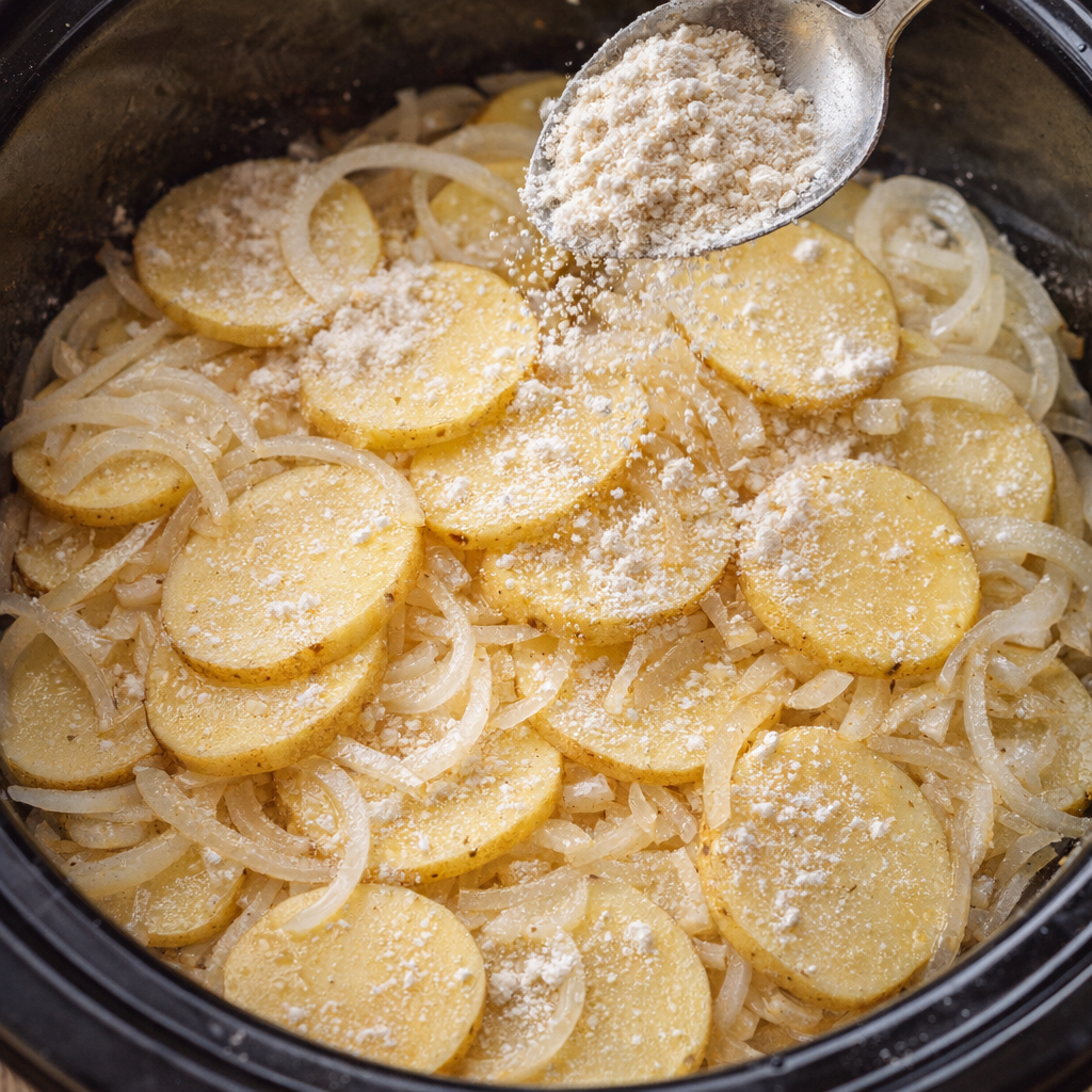 Layering potatoes and onions in the slow cooker