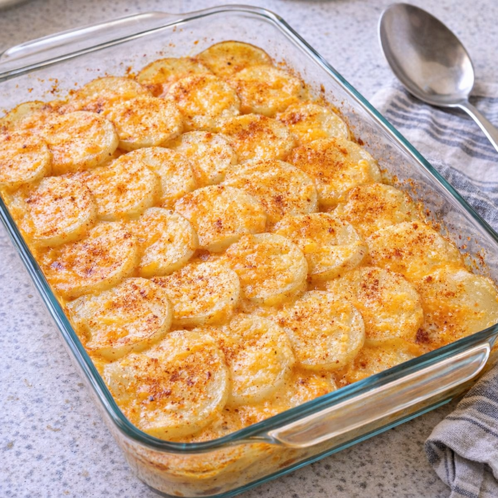 Freshly baked potato coin casserole in a glass baking dish