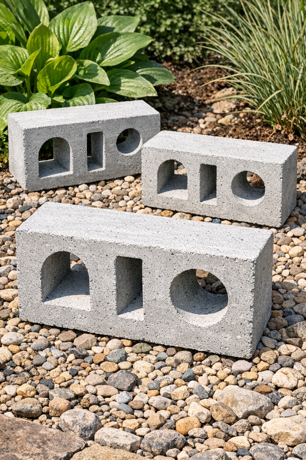 Finished heavy perforated concrete yard blocks made from shower caddies
