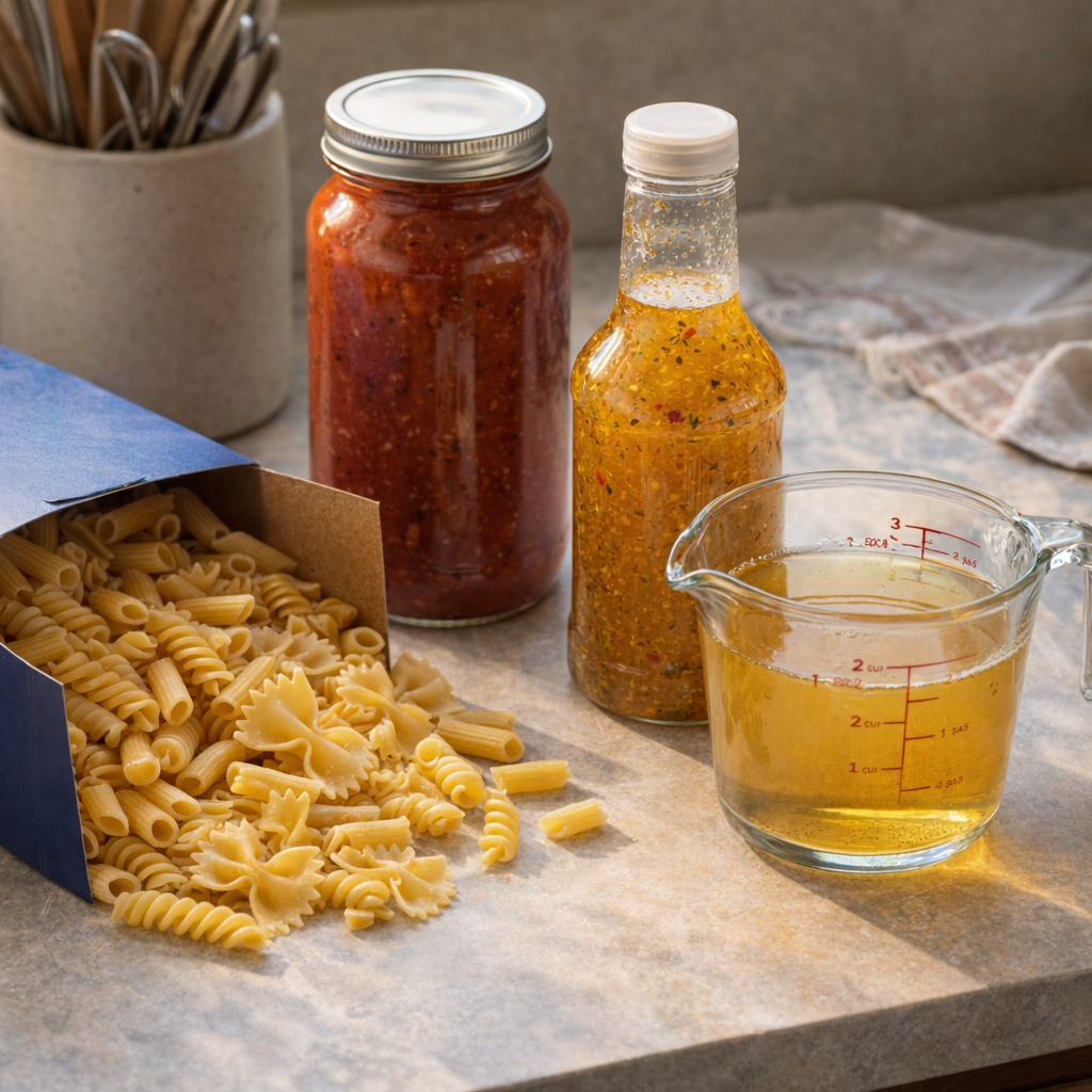Four simple pasta ingredients arranged on a kitchen counter