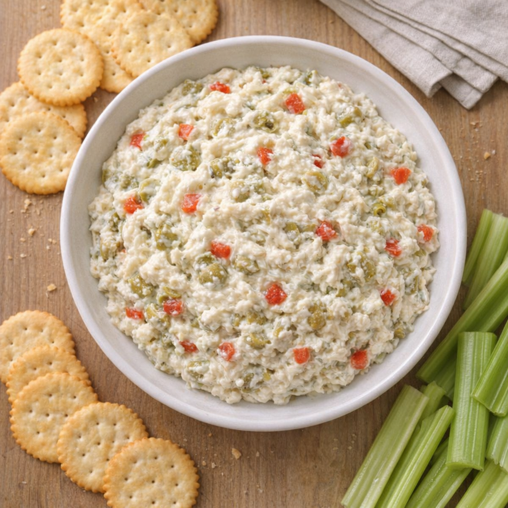 Bowl of green olive dip with crackers on a kitchen table