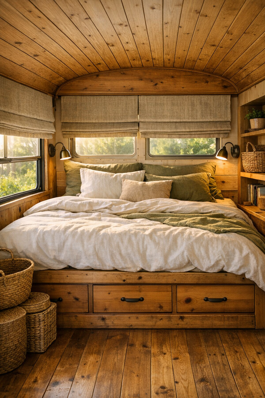 Cozy converted bus bedroom with built-in bed and linen bedding