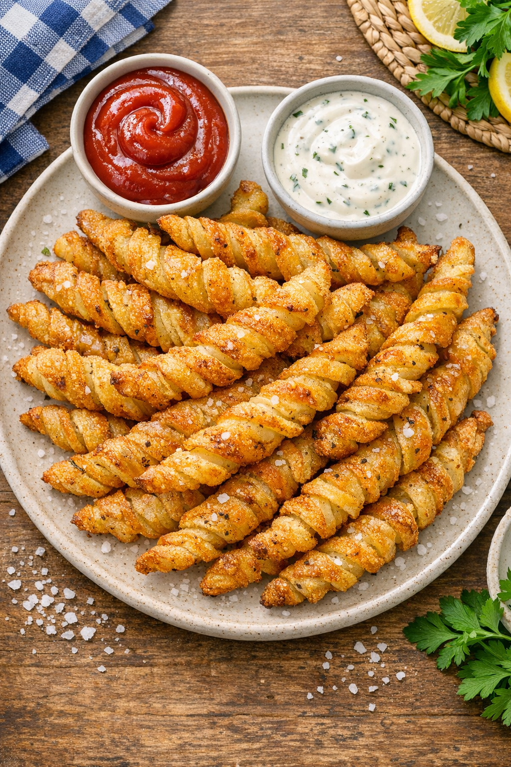 Plated potato twist sticks served with dipping sauces