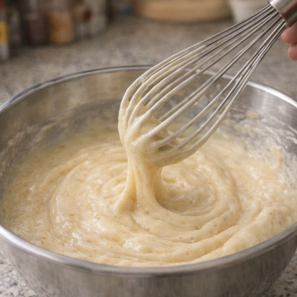Custard mixture being whisked in a mixing bowl
