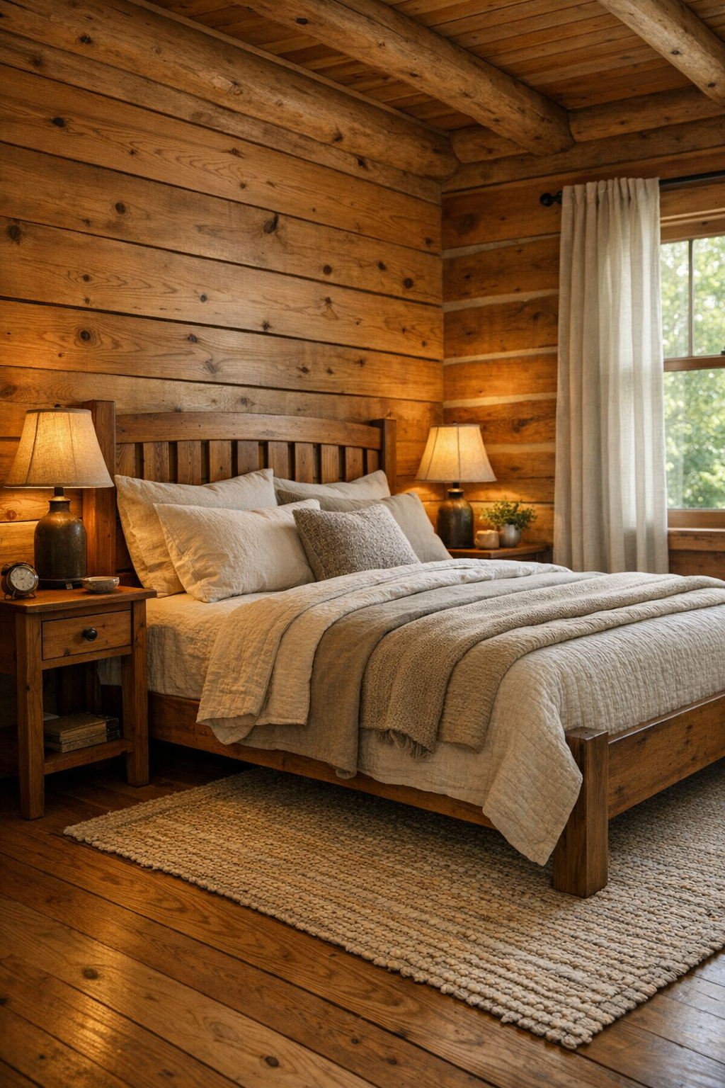 Peaceful log home bedroom with layered neutral bedding and handcrafted wood furniture