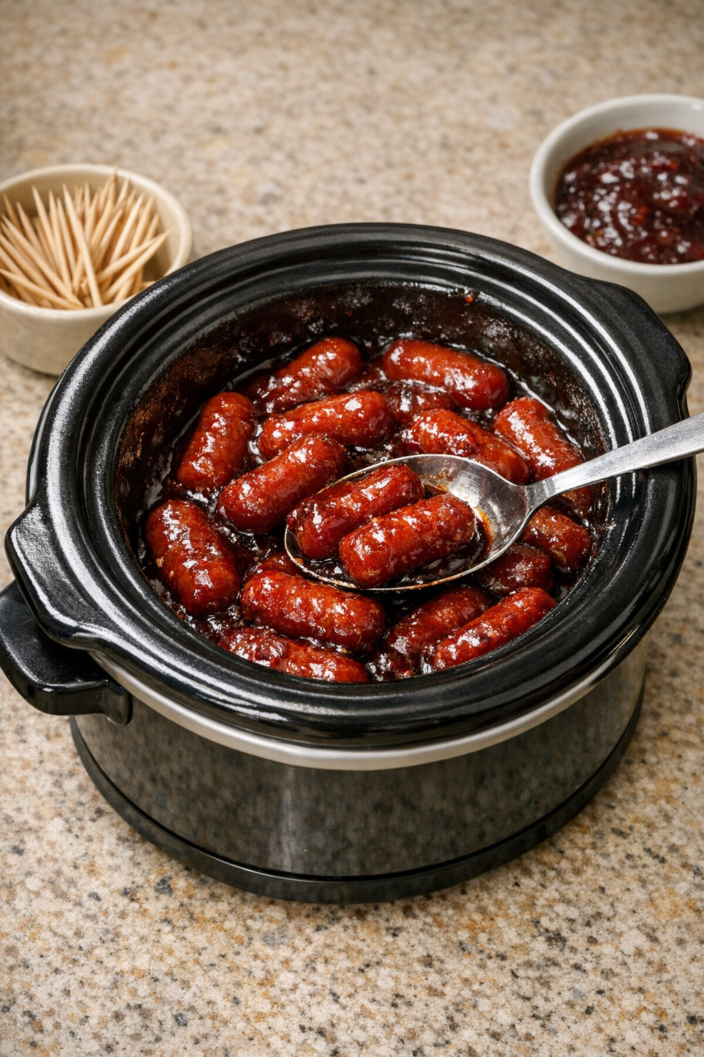 Finished sweet and savory mini beef franks in sauce