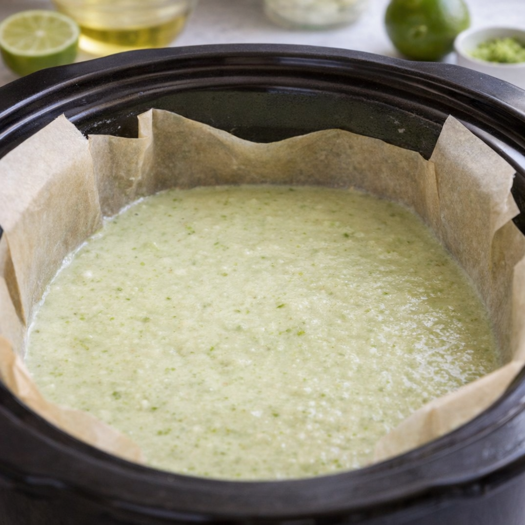 Greased slow cooker ready for cake batter
