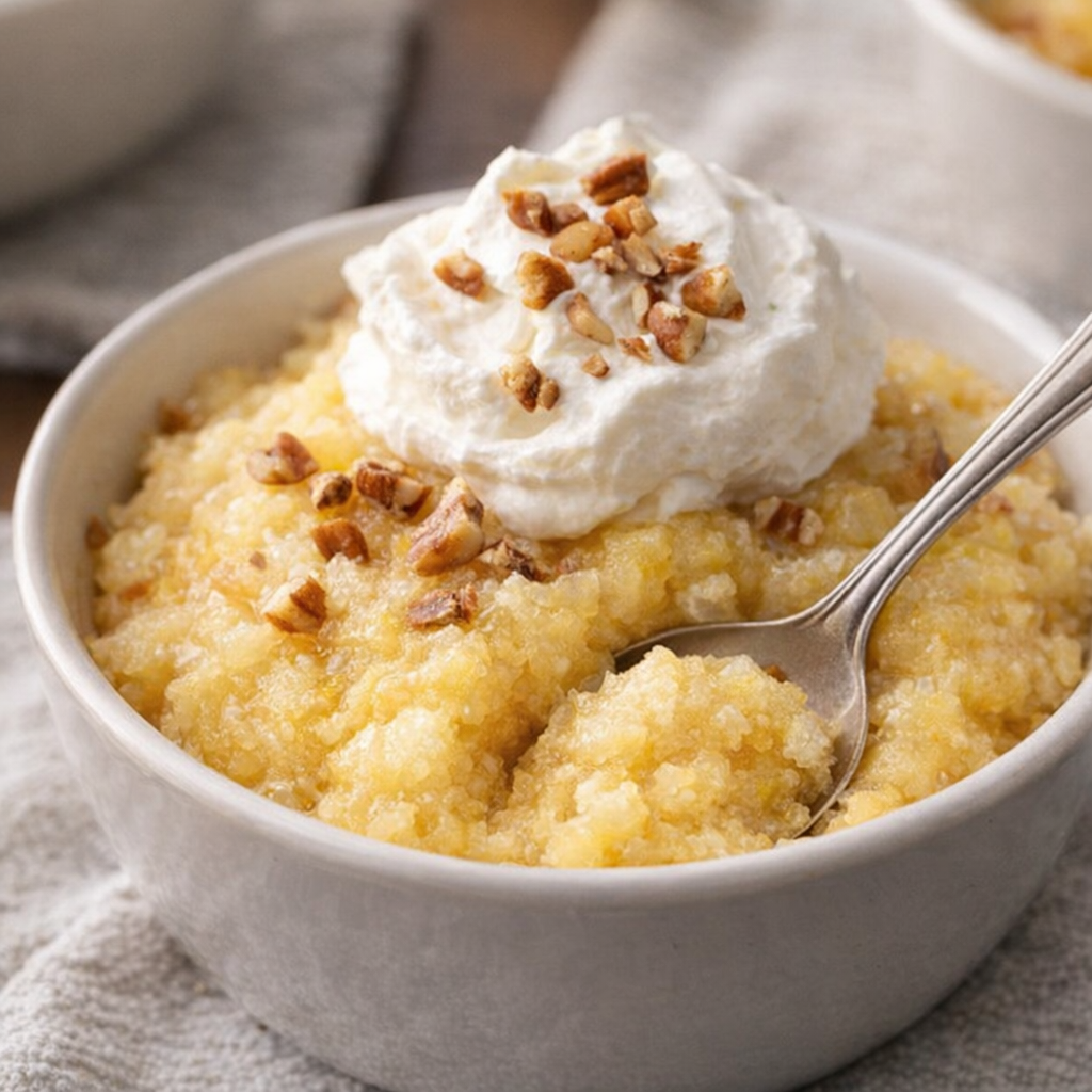 Serving of sunshine dessert topped with whipped cream and pecans