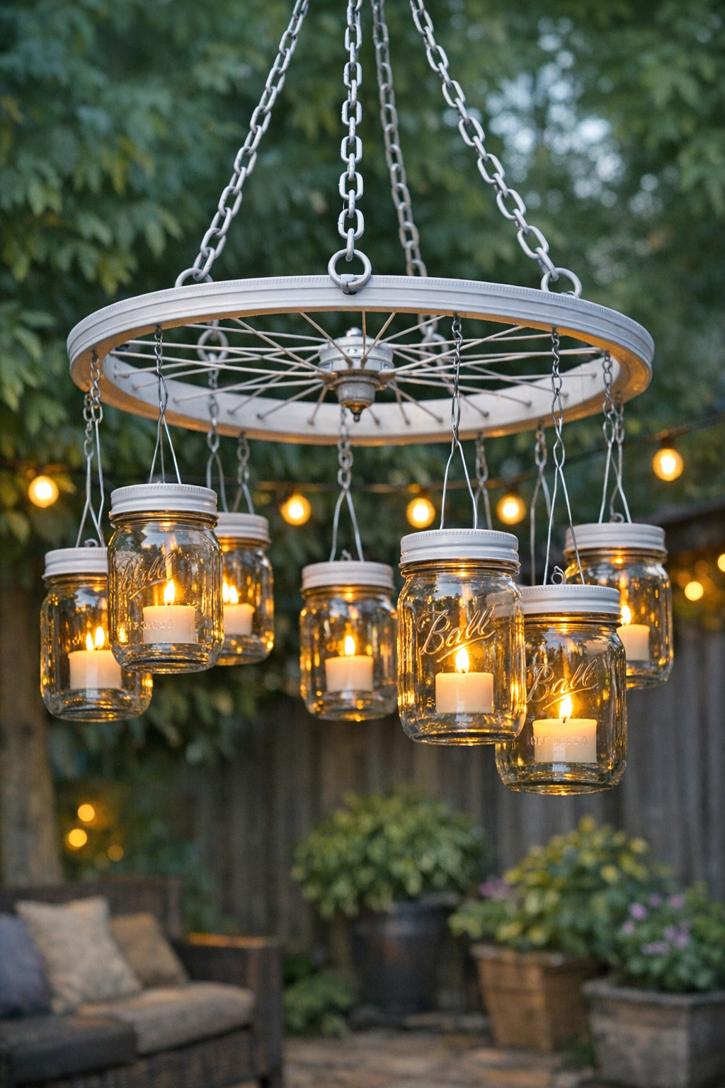 Finished outdoor candle chandelier made from a bicycle wheel and hanging mason jars