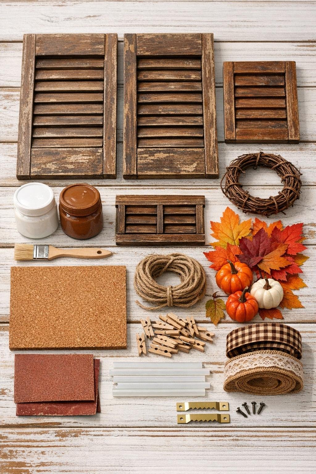 Old shutters, paint, cork, twine, clips, and fall decorating supplies laid out together