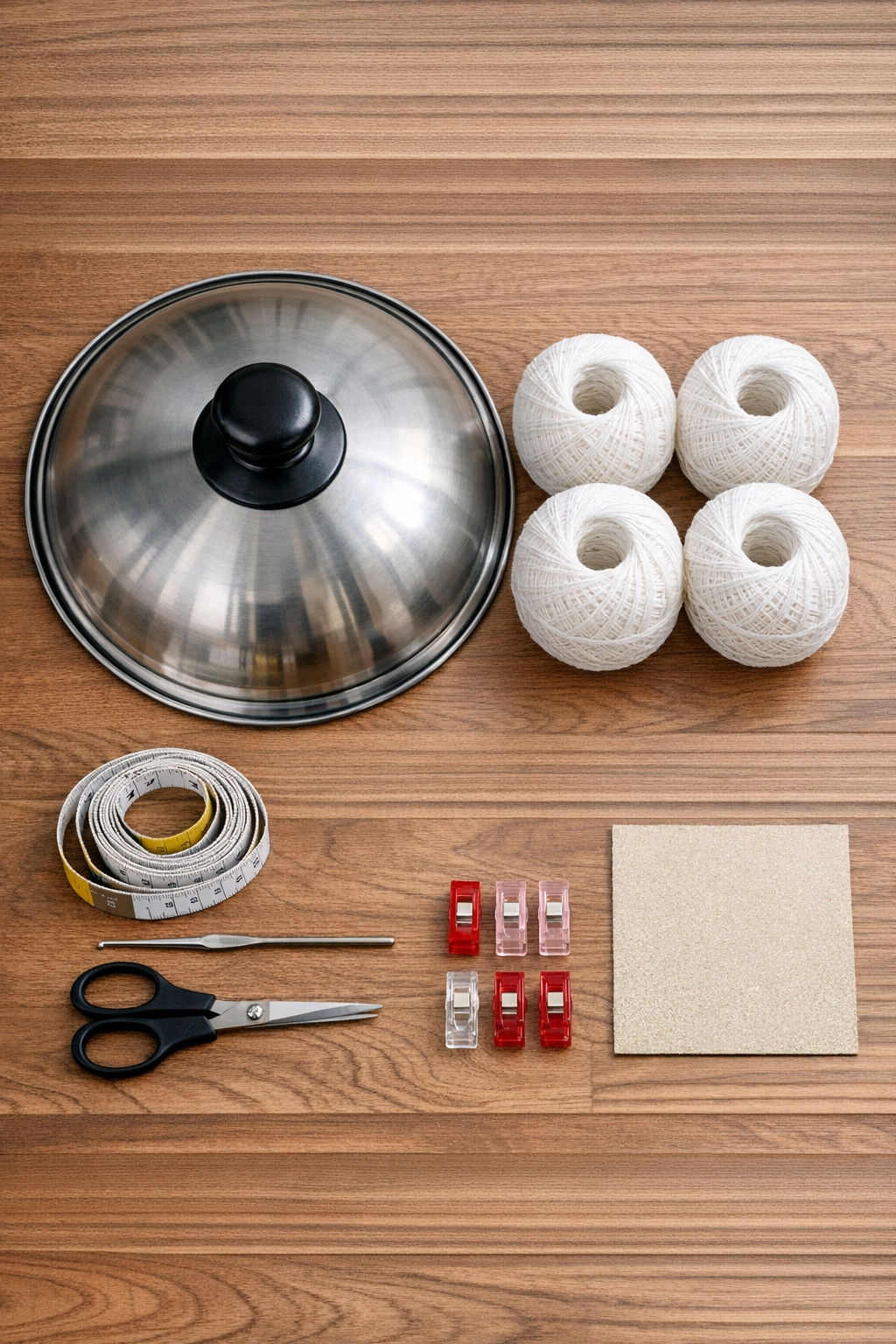 Materials for a crocheted buffet cover dome laid out on a table