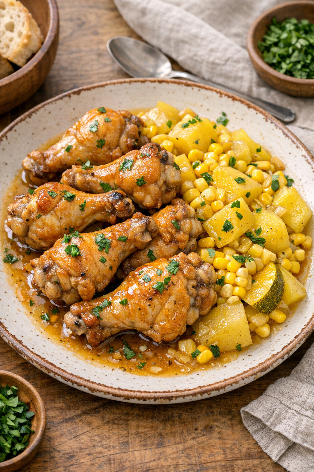 Finished plated slow cooker chicken drumettes with yellow harvest vegetables