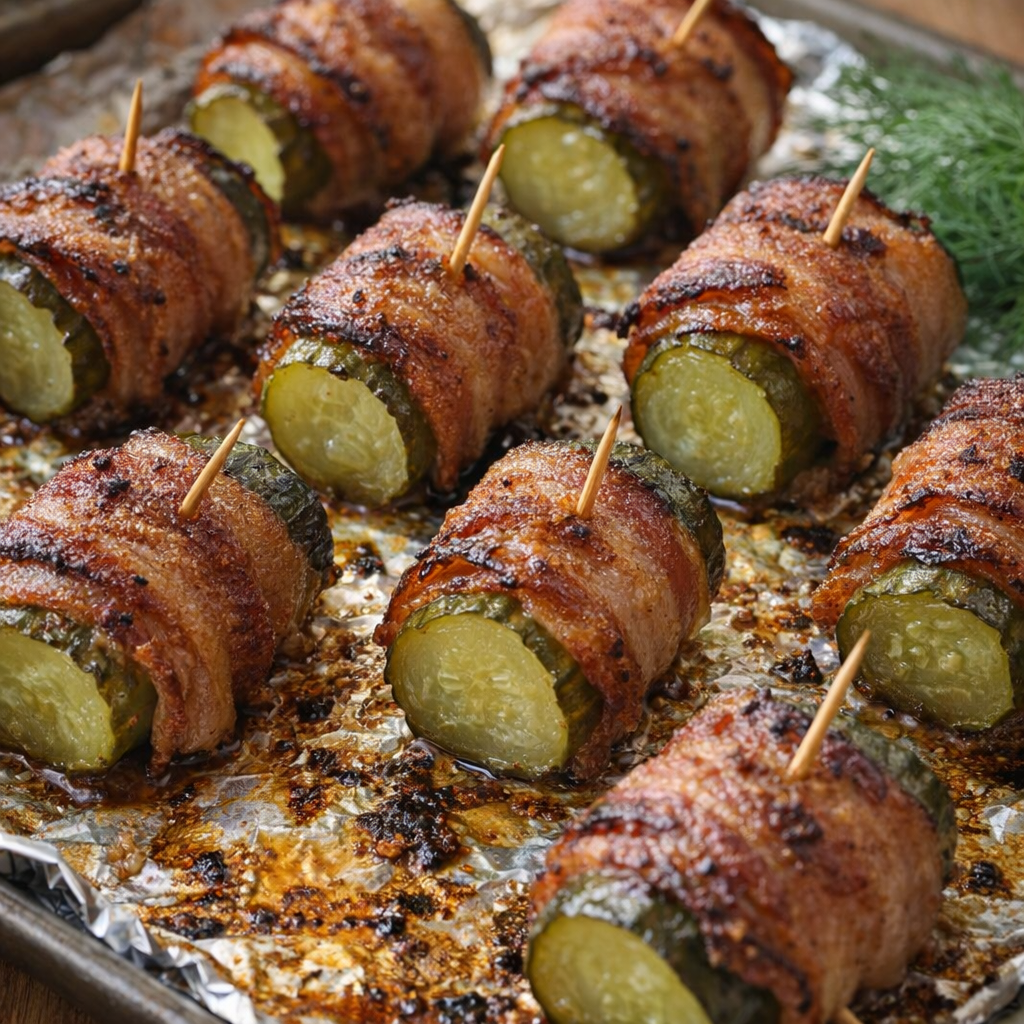 Tray of pickle bacon bites fresh from the oven