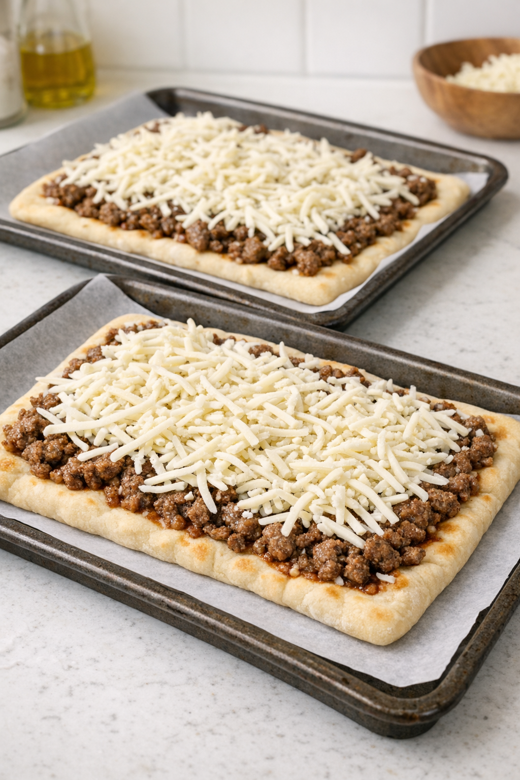 Flatbreads topped with beef and mozzarella before baking