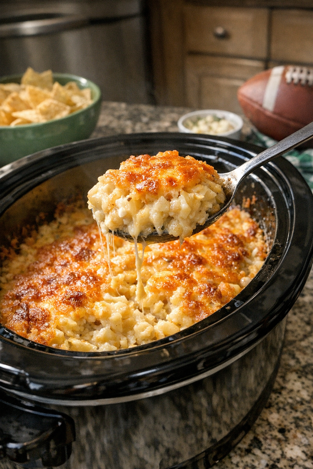 Finished cheesy hash brown casserole plated from the slow cooker