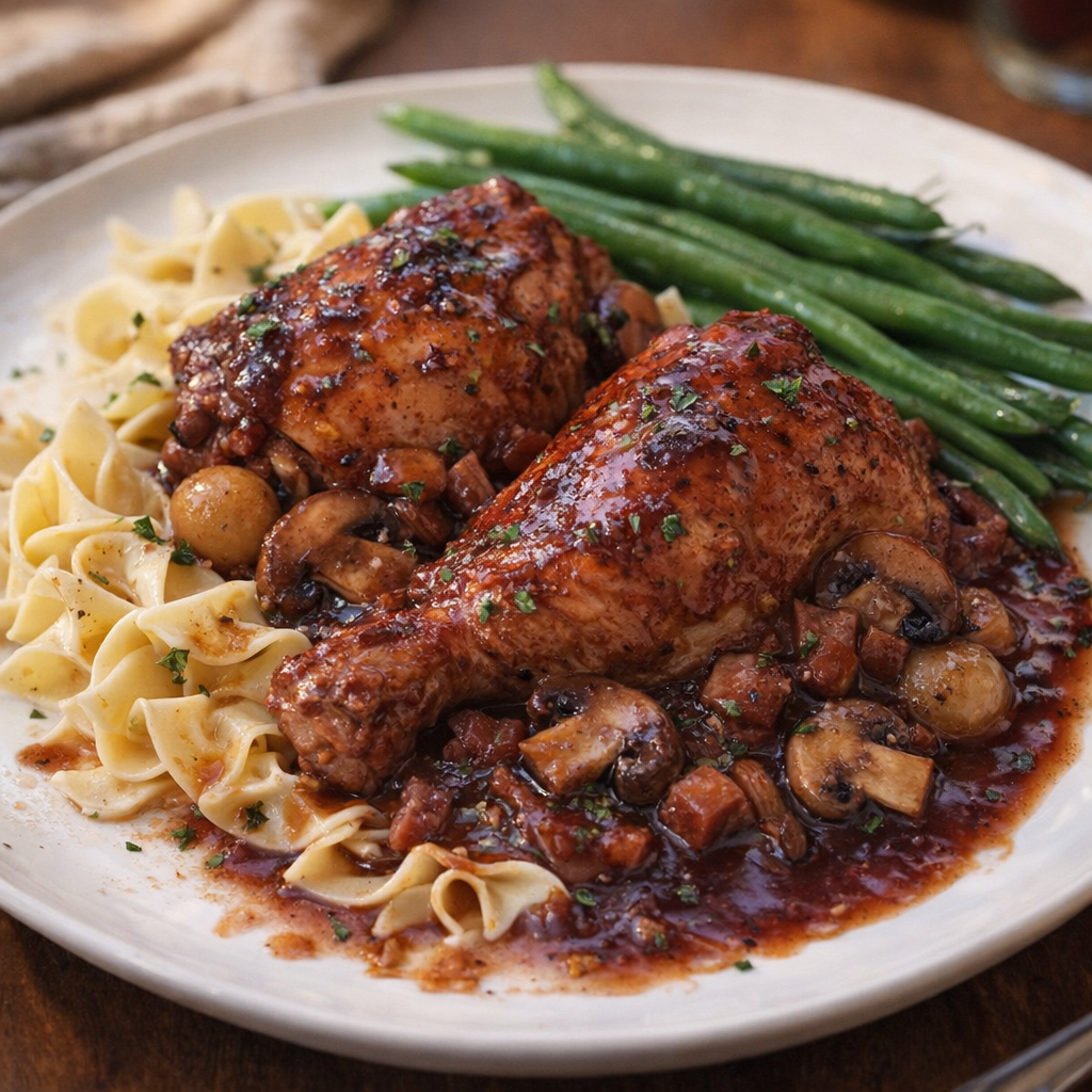 Plated chicken with noodles and burgundy sauce