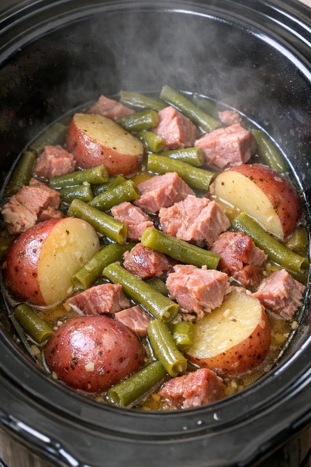 Slow cooker ham, green beans, and potatoes in a black crock