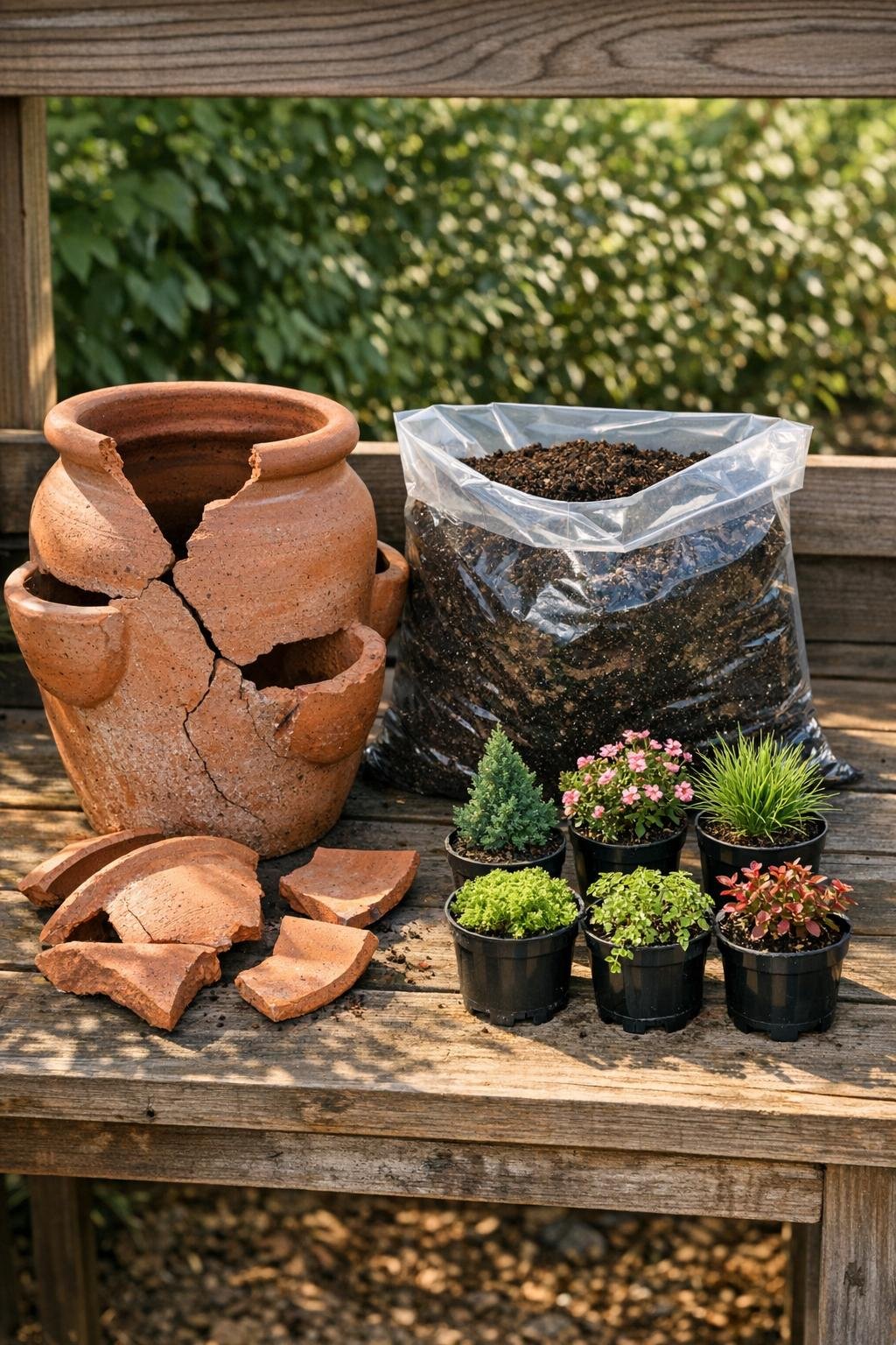 Cracked strawberry pot, potting soil, and small plants laid out for the project
