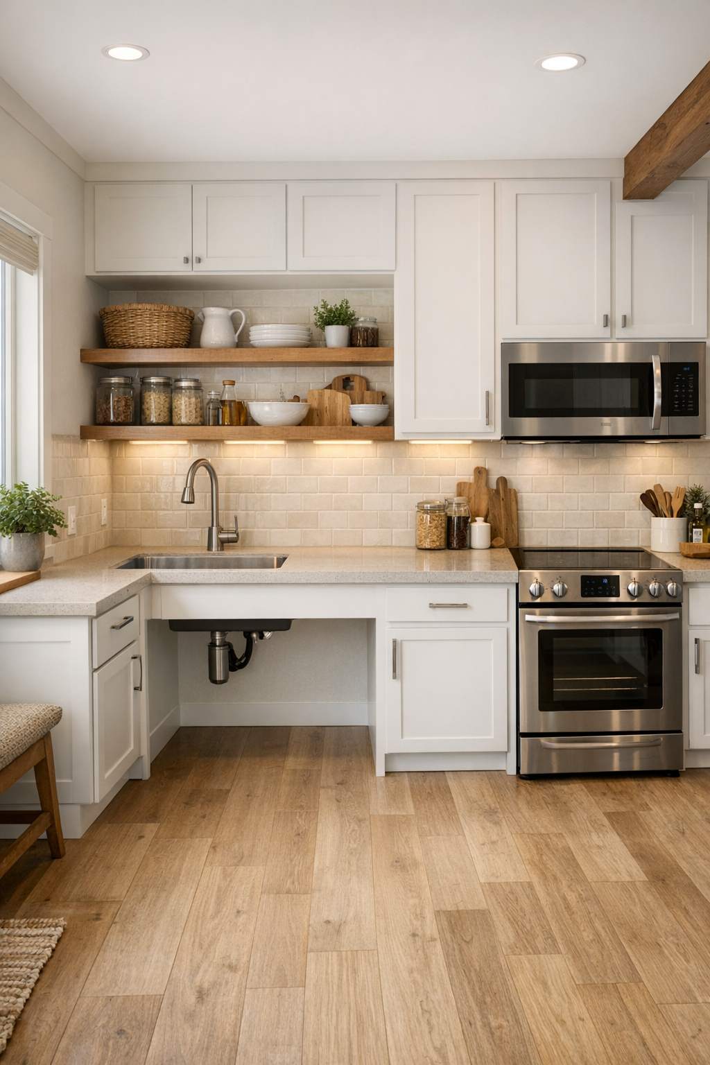 Accessible pearl-white tiny home kitchen with pale quartz counters and wood shelves