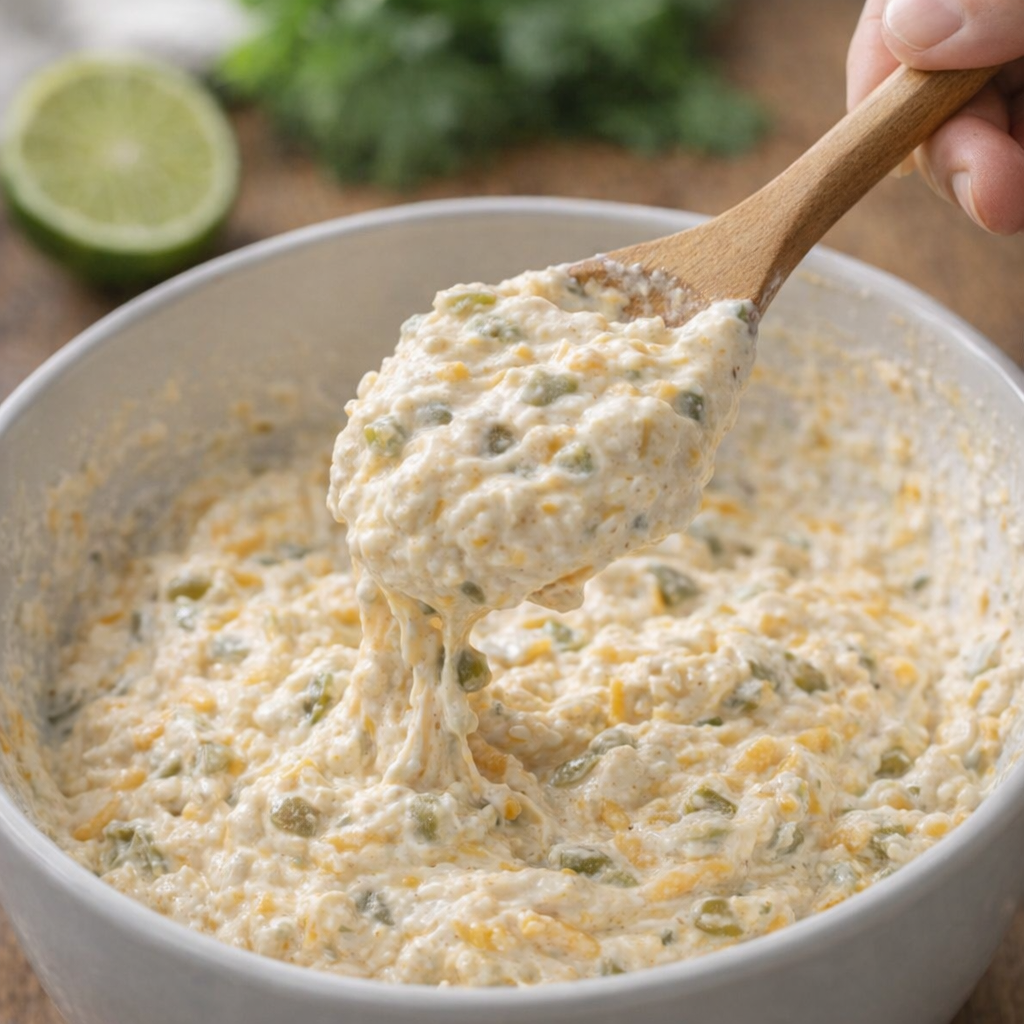 Creamy green chile mixture being stirred in a bowl