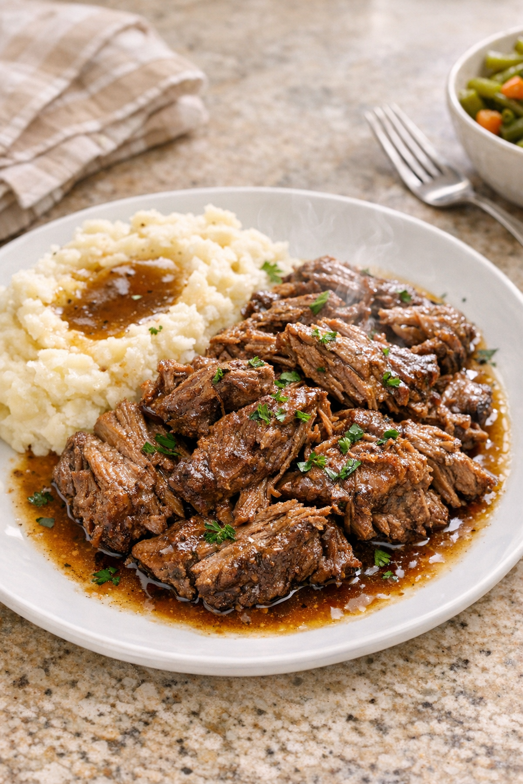 Finished Amish vinegar beef plated with mashed potatoes