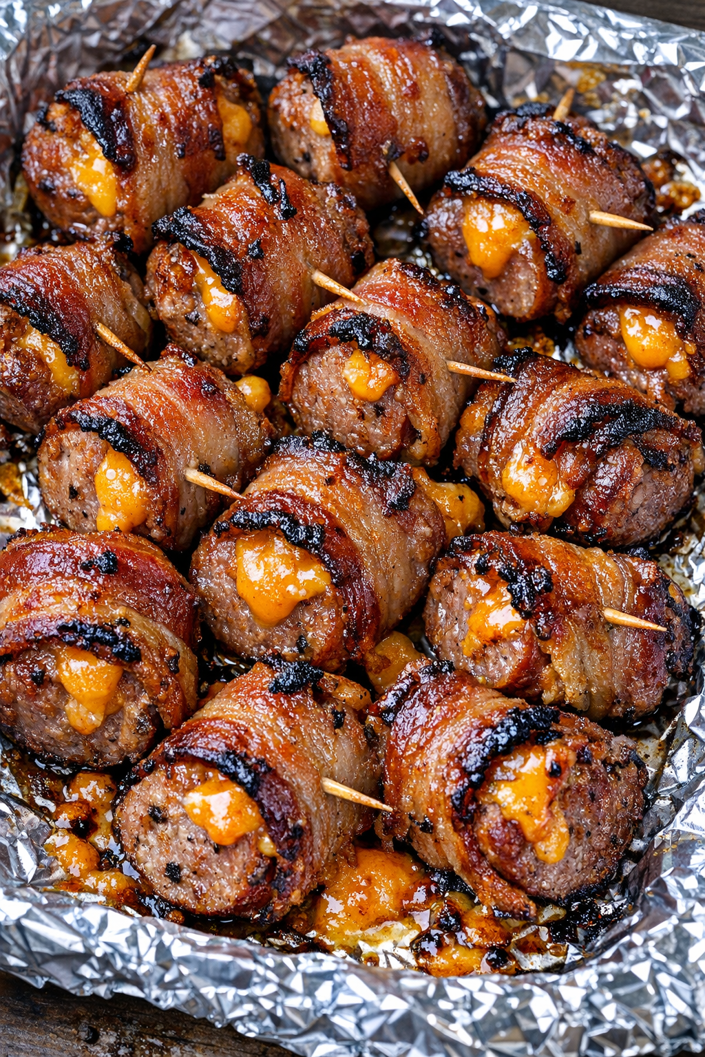 Low carb cheddar bratwurst bites on a foil tray