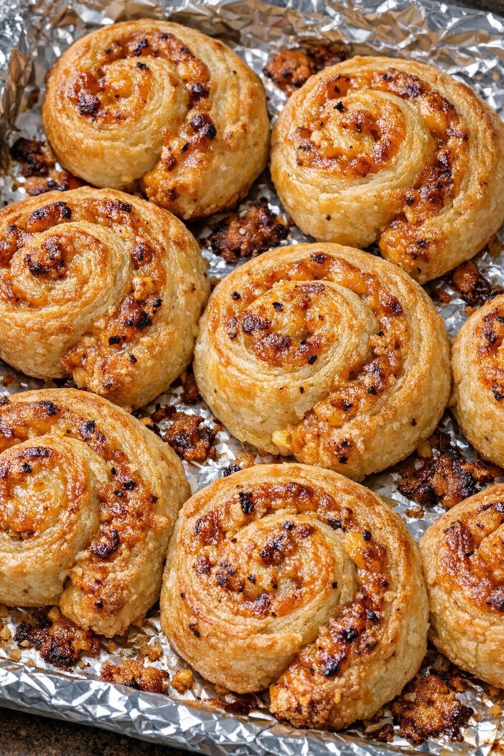Southern 3-ingredient golden cheddar pinwheels on a foil-lined baking tray