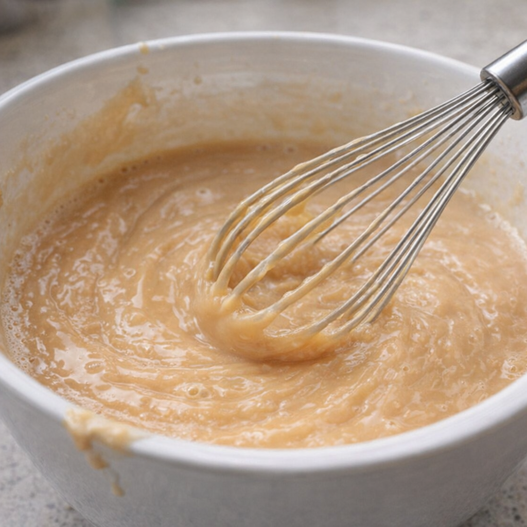 Butterscotch pudding mixture being whisked in a bowl