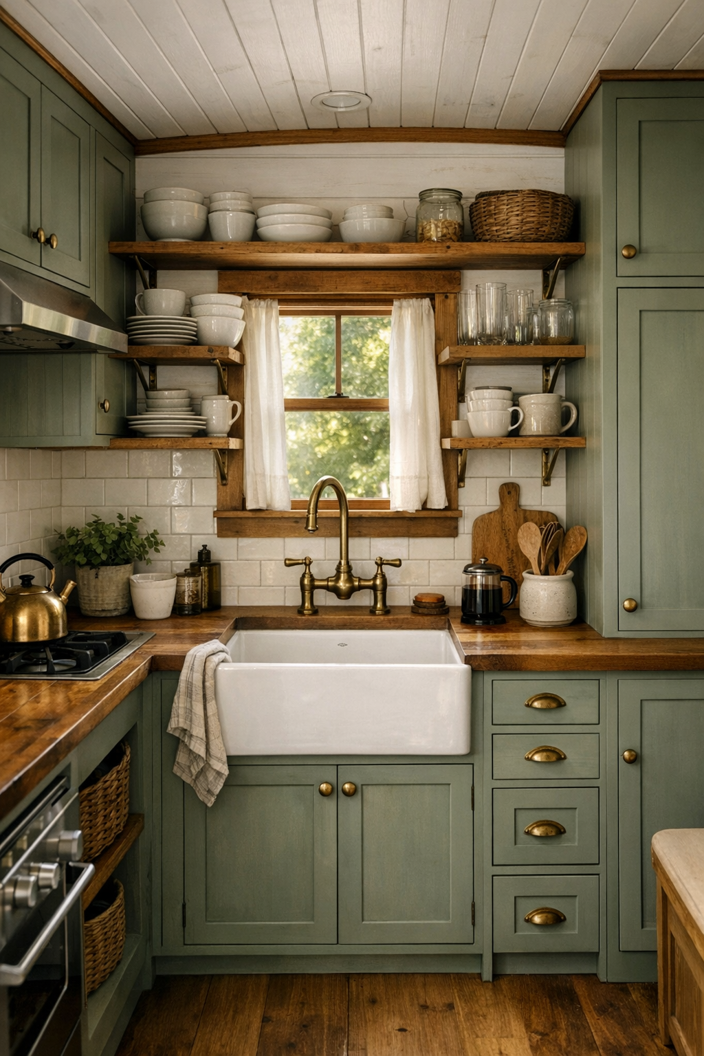 Handcrafted tiny home kitchen with painted cabinets, butcher block counters, and farmhouse sink