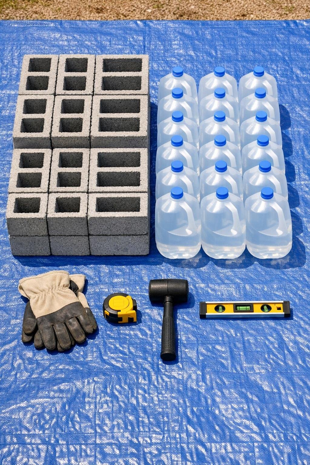 Cinder blocks, water jugs, tarp, and gloves laid out for the project