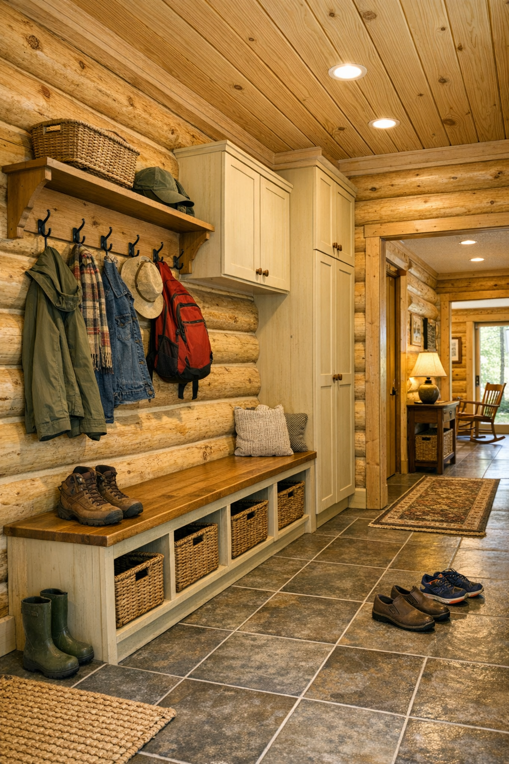 Functional mudroom and hall area with built-in bench, hooks, and warm traditional finishes