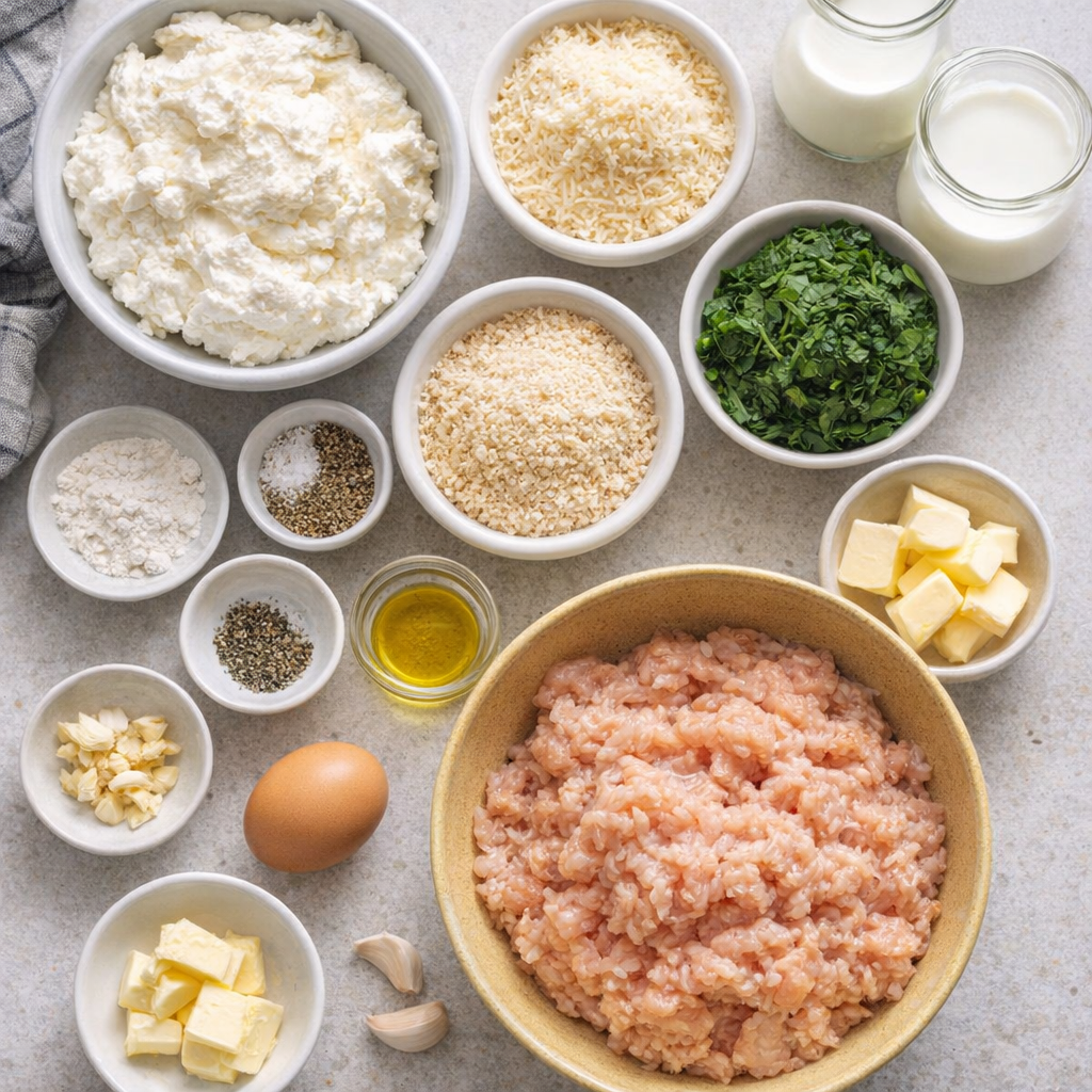 Measured ingredients for chicken ricotta meatballs on a kitchen counter