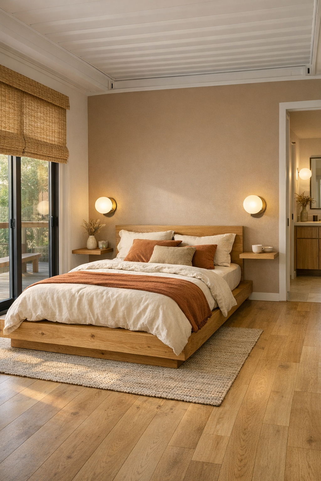 Calm accessible bedroom with oak platform bed, clay-beige wall, and layered neutral bedding
