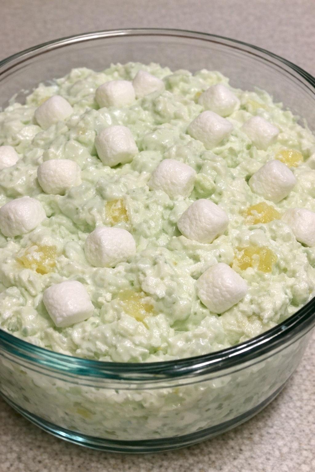 Pistachio fluff in a clear glass bowl