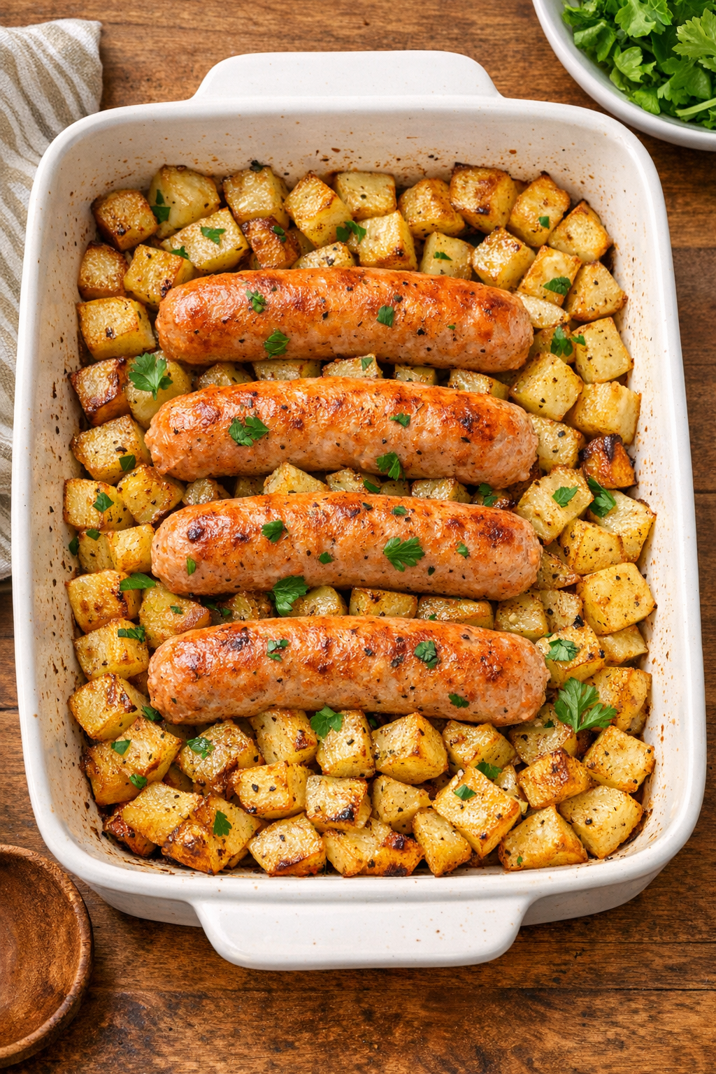 Finished baked salmon sausages with roasted potatoes in a baking dish