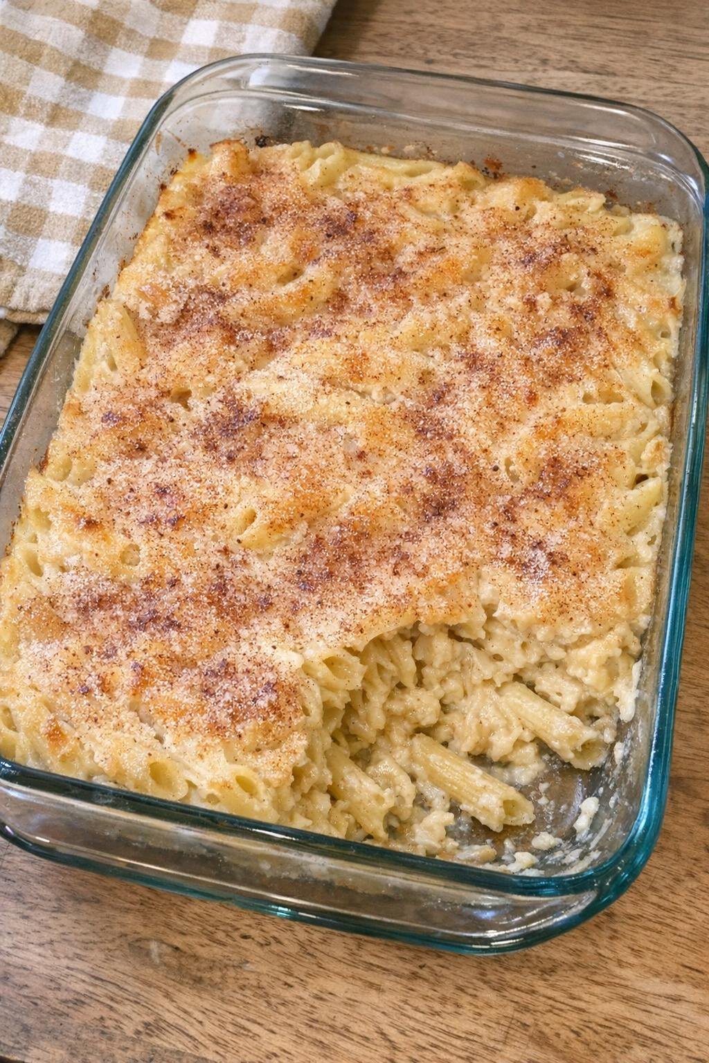 Finished baked sweet penne dessert in a glass dish