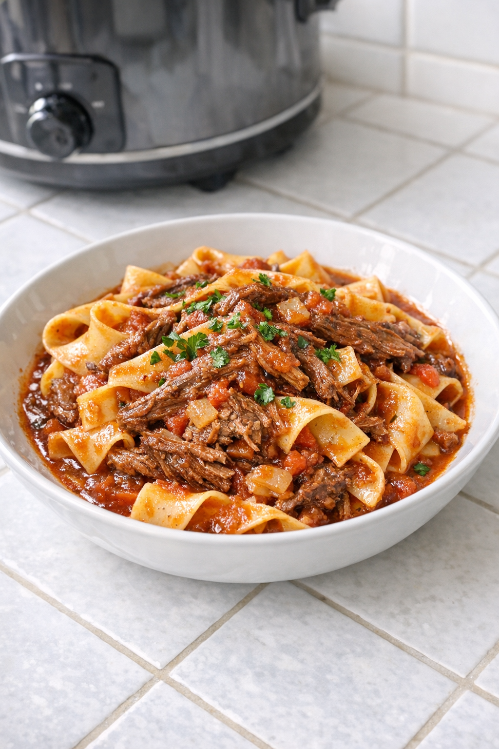 Finished Amish-style bay leaf beef pasta plated in a shallow bowl