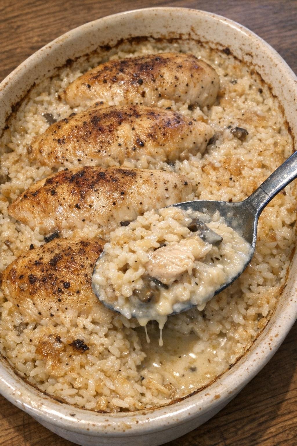 No peek chicken and rice casserole in a stoneware baking dish