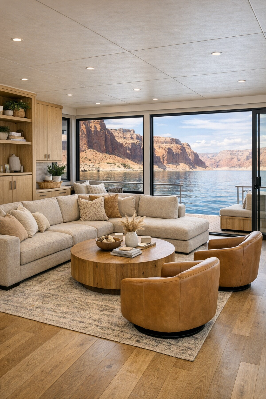 Bright barrier-free houseboat living room with oatmeal sectional and lake views