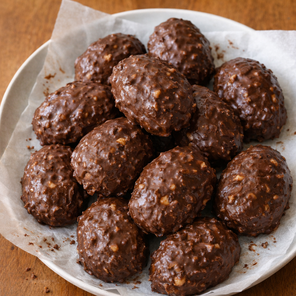 Homemade chocolate peanut butter eggs on a parchment-lined plate