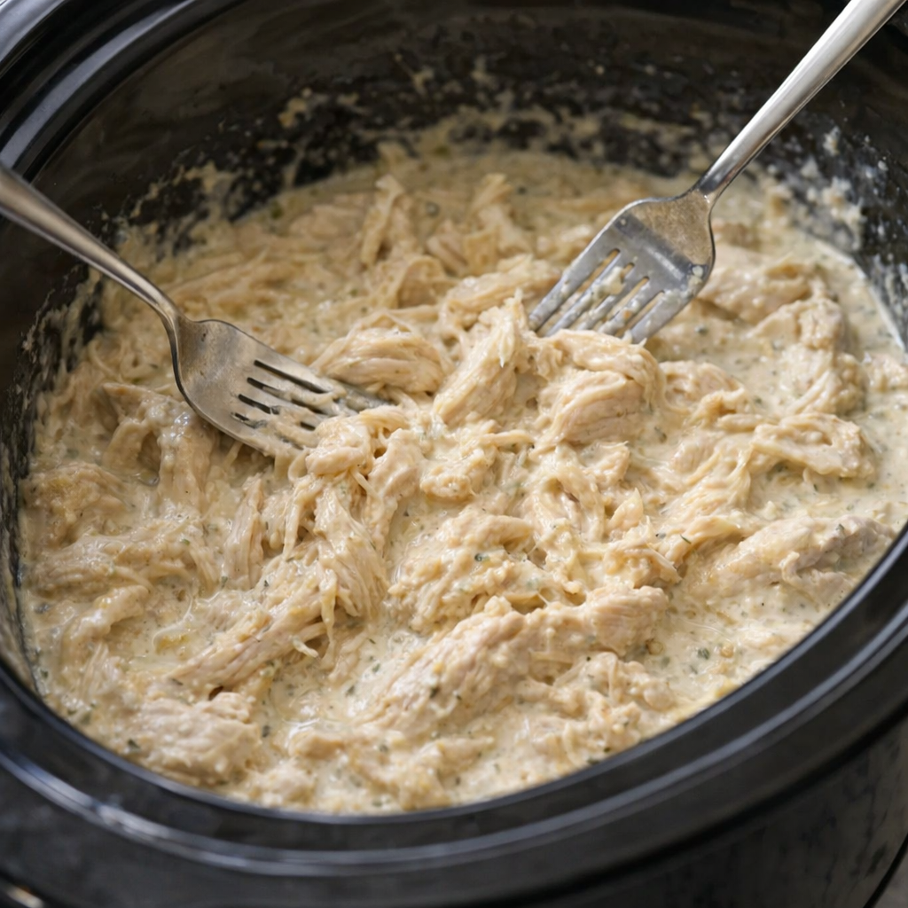 Shredded creamy ranch chicken being stirred in the slow cooker