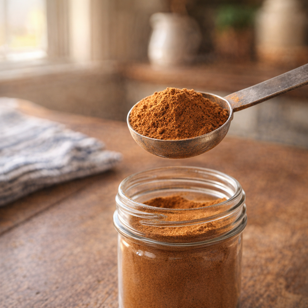 Measuring spoon with cinnamon over a glass jar on a kitchen counter
