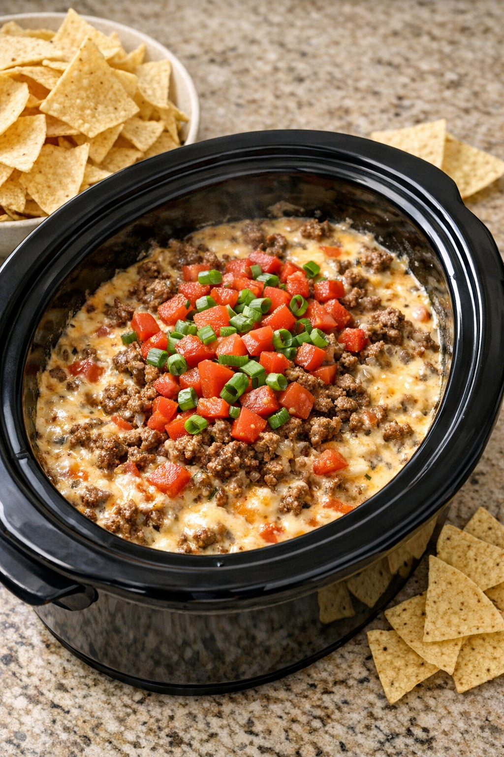 Finished beef nacho dip in a slow cooker with chips for serving