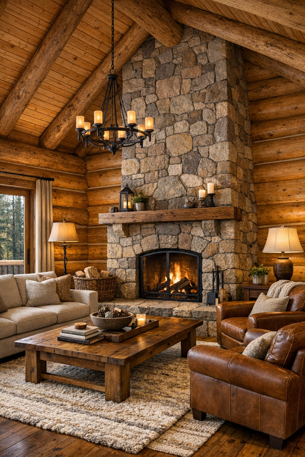 Living room with toffee-toned log walls, stone fireplace, and soft neutral seating