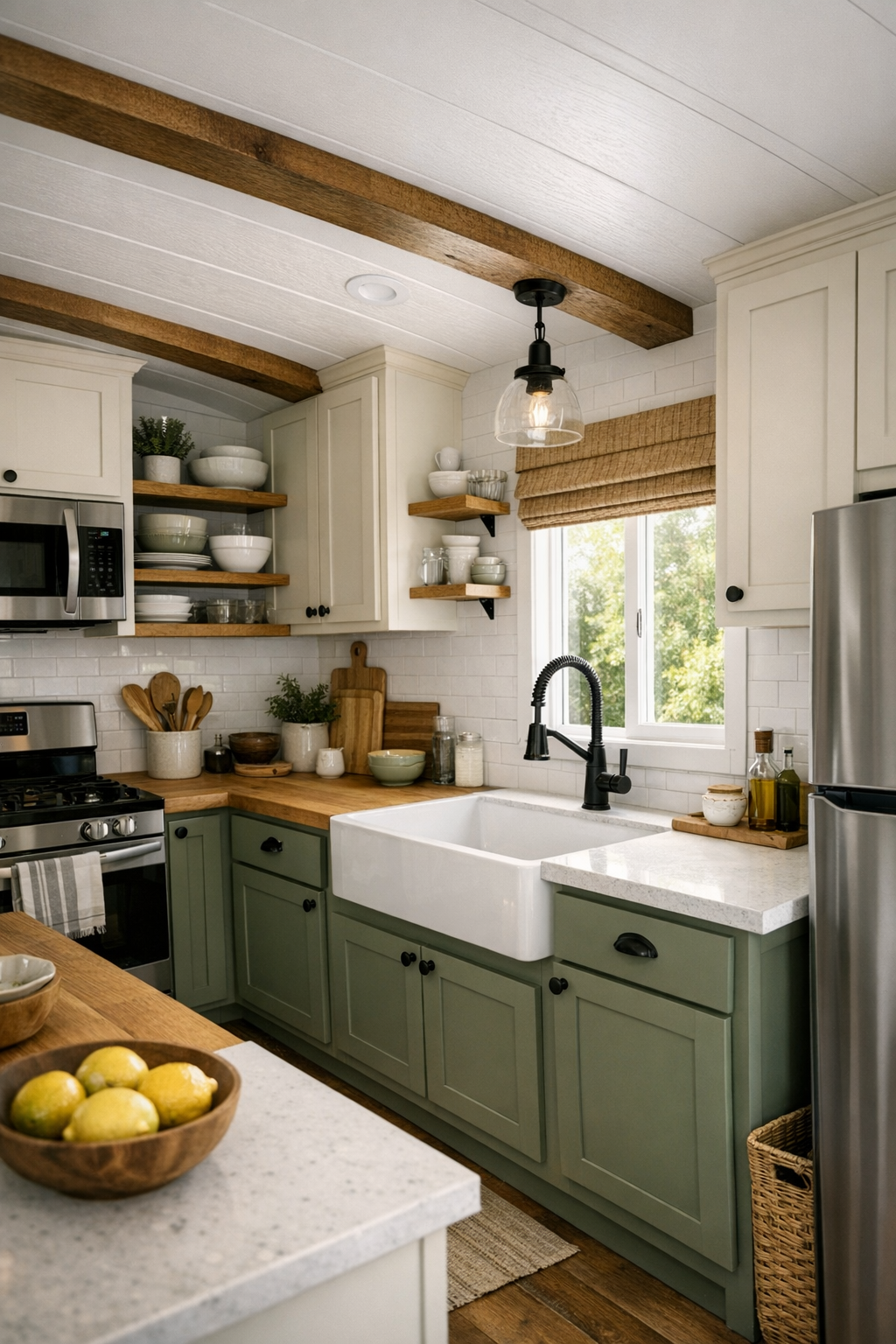 Bright cottage kitchen with shaker cabinets and butcher block counters