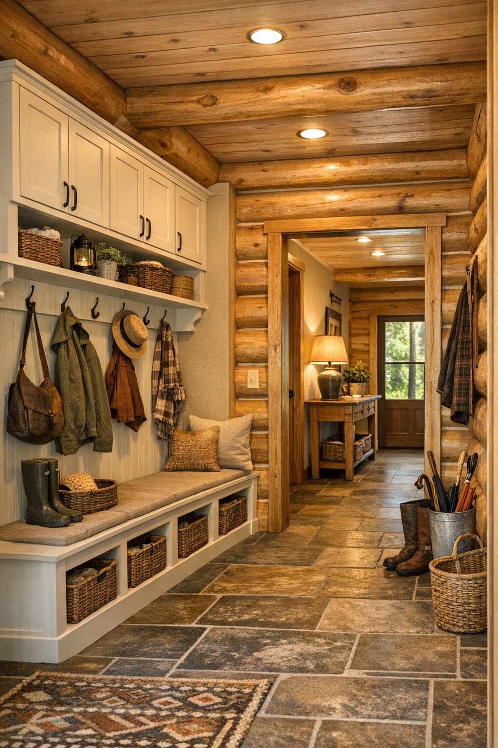 Thoughtful mudroom and hall area with built-in bench in a log home
